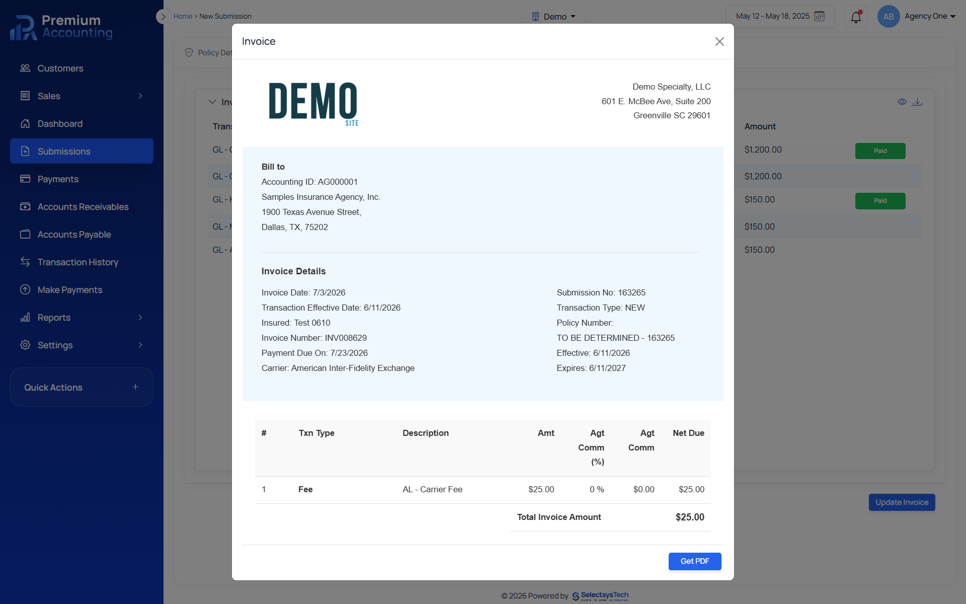 Insurance invoice management dashboard