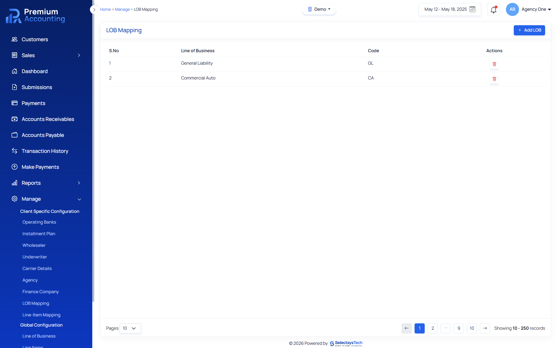 Insurance Line of Business management screen