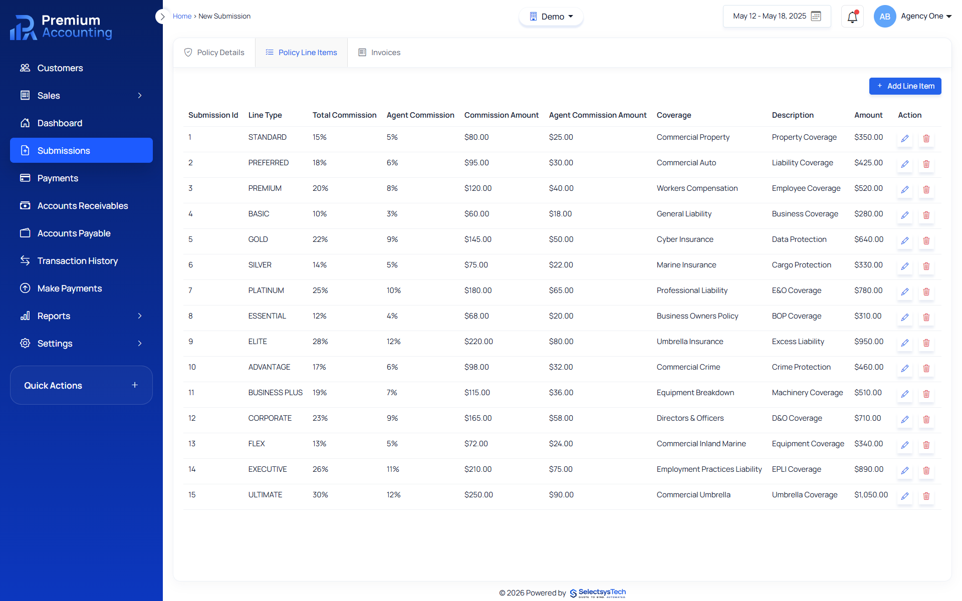 Policy Line Item Accounting policy line items screen